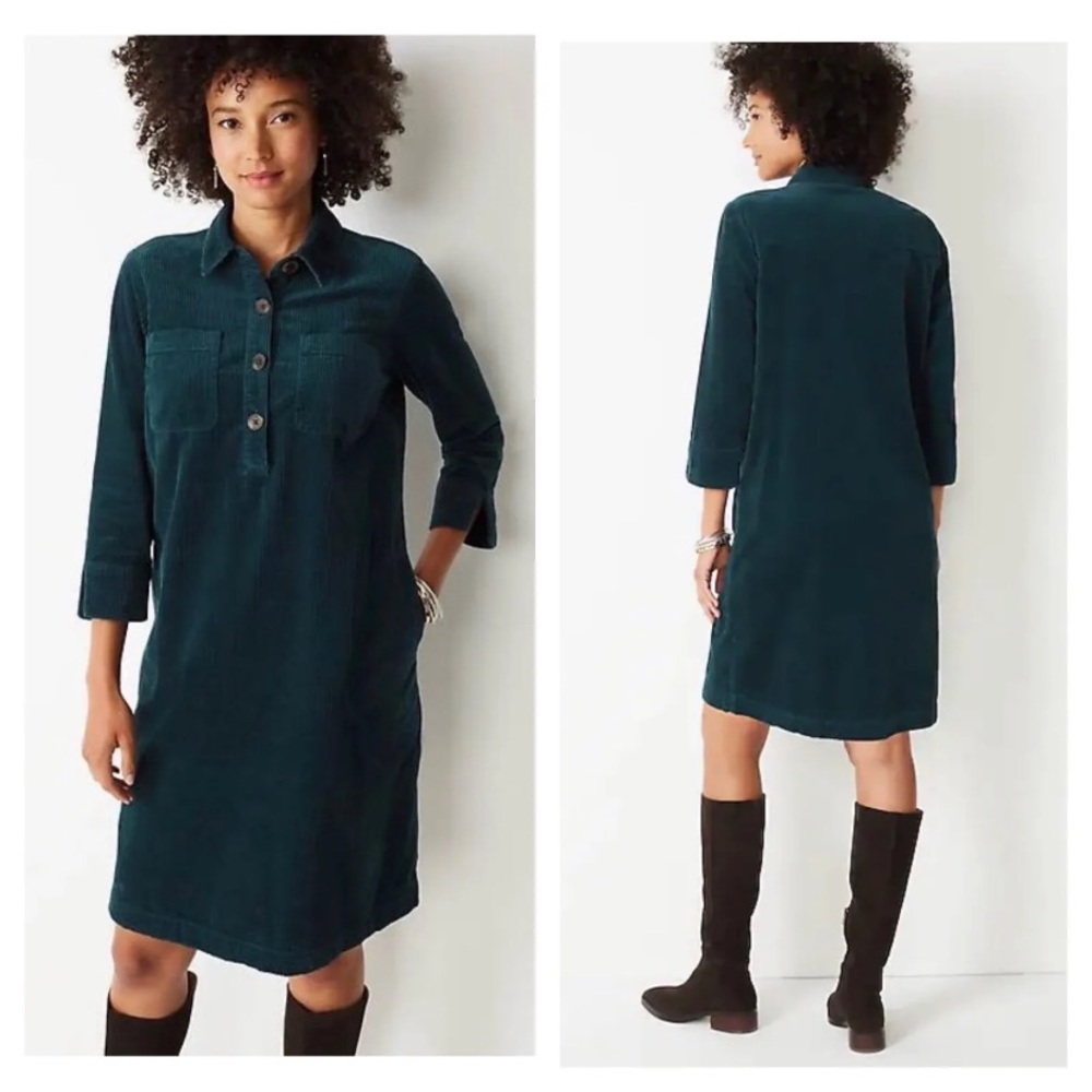 J Jill Corduroy Shirt Dress Women’s Large Petite Collared Pop Over Teal Green